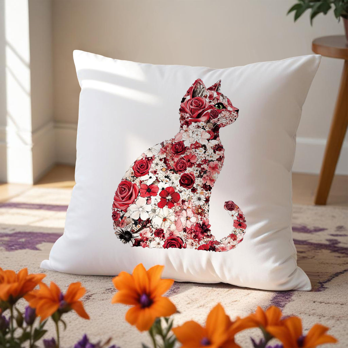 Red and White Floral Cat Pillow Covers 18x18 (Style19)