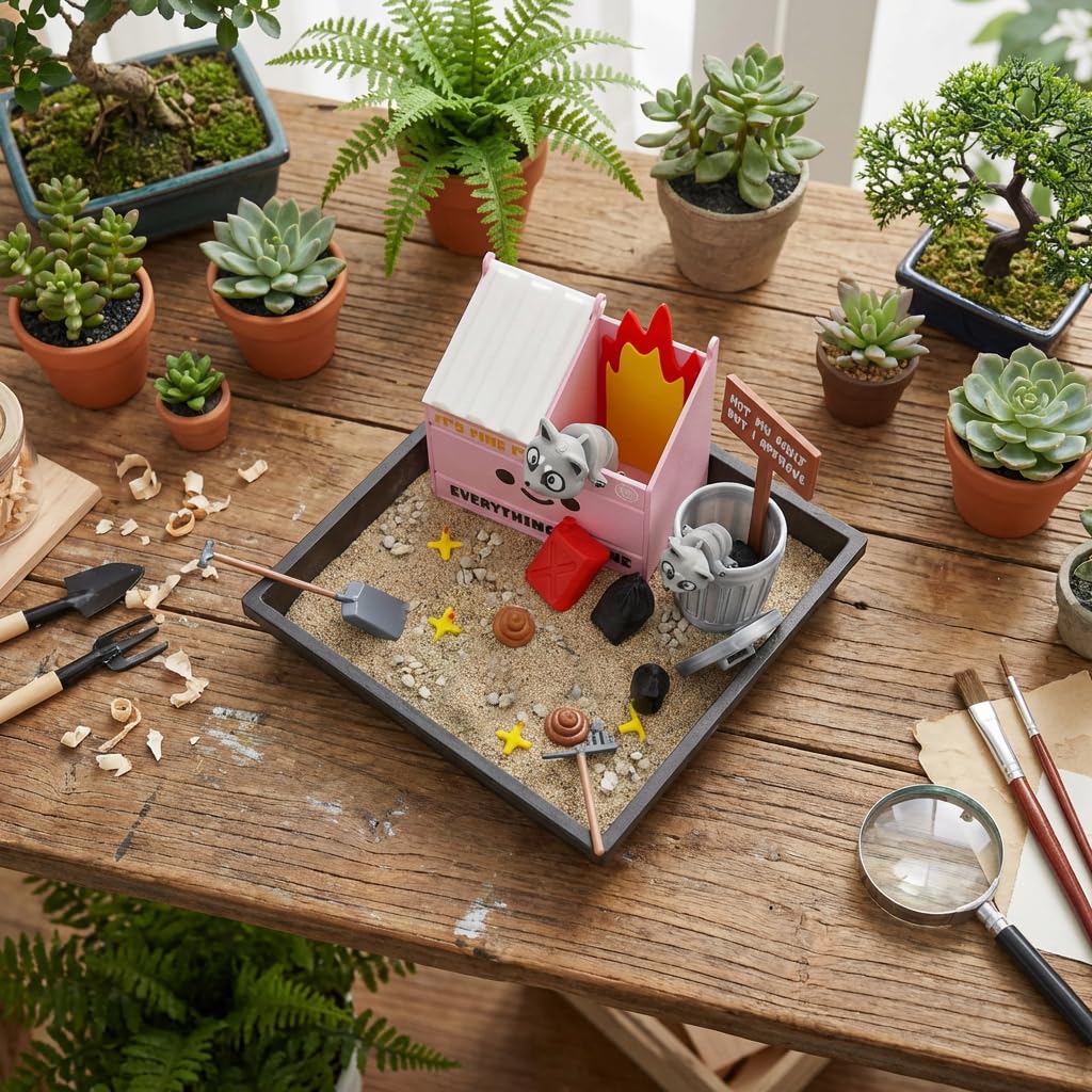 Pink Dumpster Fire Zen Garden for Desk Mini Pink Zen Garden Gag Gifts Funny Sand Tray Therapy Kit White Elephant Gifts Sand Included (Pink Dumpster Fire Zen Garden)