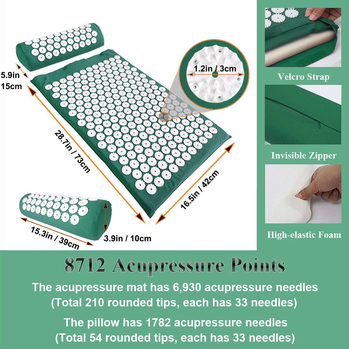 28.7" Acupressure Mat and Pillow Set with Carry Bag (Green)