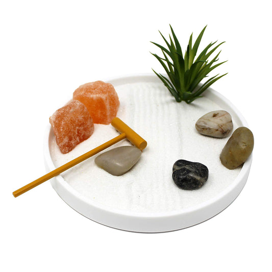 Mini Zen Garden Kit for Desk with White Sand (Round)