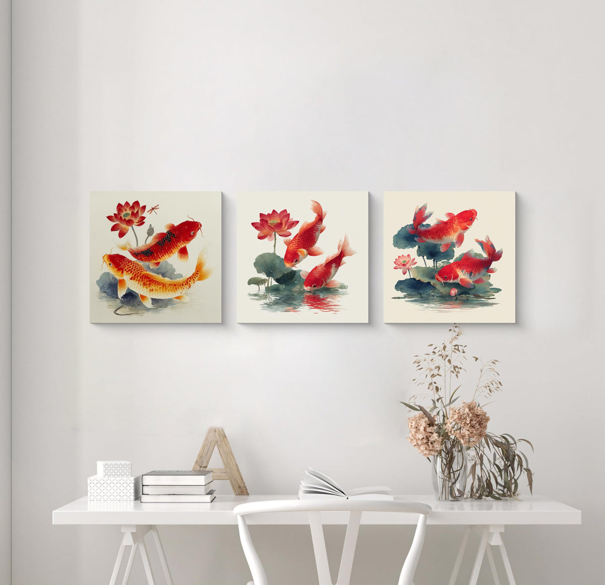 3Pcs Japanese Koi Fish Lotus Flower Wall Art Red Watercolor Zen Canvas Prints for Living Room Feng Shui Good Luck Animal Pictures Asian Oriental Floral Artwork Decor Ready to Hang (Zen Koi Canvas / 20x20inchx3)