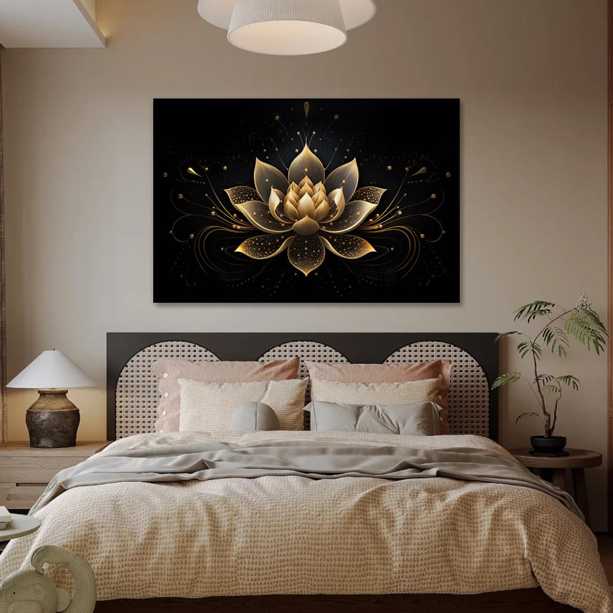 Zen Wall Art Black and Gold Lotus Painting Canvas Print Meditation Poster Flower Picture Vintage Artwork for Spiritual Room Bathroom Living Room Home Decor Framed (30"L x 20"W / A - Black and Gold Lotus)