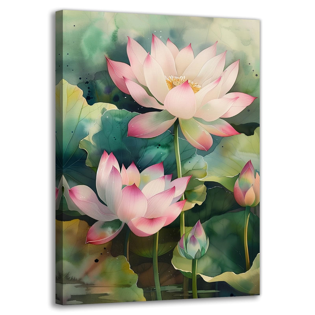 Lotus Canvas Wall Art Watercolor Pink Lotus Flower Painting Print Zen Spiritual Decor for Living Room Bedroom Bathroom Home (Artwork-7 / 30"L x 20"W)