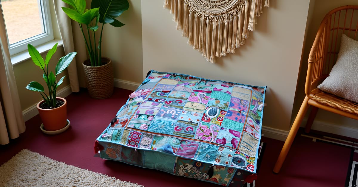 Indian Square Patchwork Traditional Pouf Cover Indian Living Room Poufs Decorative Embroidered Designer Ottoman Home Living Footstool Chair Cover Decor Pillow Cover 35 inches (35"D x 35"W x 5"H / Sky Blue)