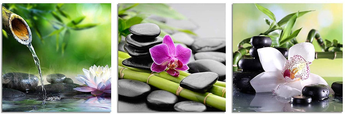 Zen Art 3 Panels Spa Decor Green Bamboo Decor Pink Flowers Picture Canvas Painting Print on Canvas for Home Decor Spa Decor for Bathroom Zen Decor Stretched and Framed Each Panel 20x20inch (20x20inchx3 / Spa Stone with Flowers)