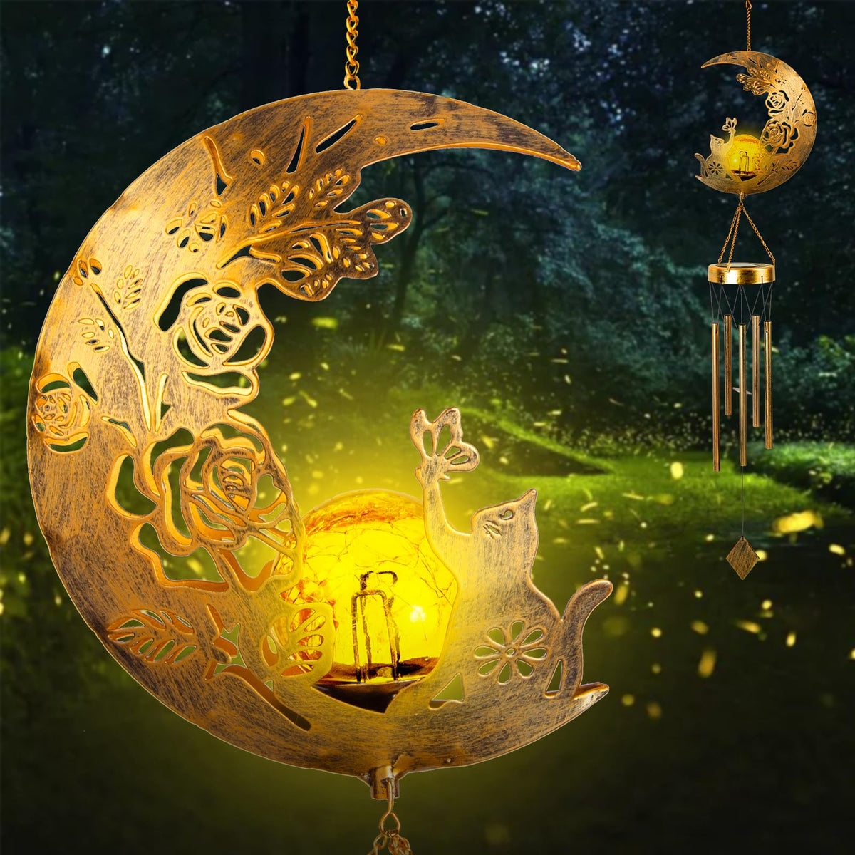 Cat Solar Wind Chimes for Outside Gifts for Women (Cat Moon)