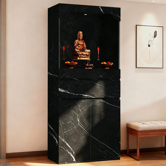 Altar Table Pooja Cabinet with Drawers and Storage Cabinets (27.6×15.7×65.4in / Black Grain)