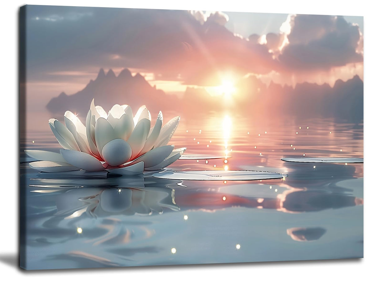 Zen White Lotus Wall Art Sunrise Meditation Canvas Wall Decor Spa Yoga Still Life Painting Prints Relaxing Spiritual Just Breathe Aesthetic Posters Pictures Modern Spiritual Inspiration Framed (12"L x 16"W / Canvas)