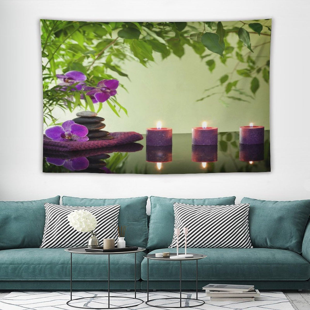Spa Tapestry Wall Hanging Stones Aromatic Candles and Orchids Blooms Treatment Vacation Tapestries Home Decor for Living Room Bedroom Farmhouse Kitchen Dorm 60"x90" (60"L x 90"W / Zen-12)