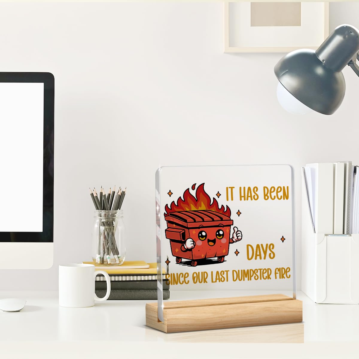 Dumpster Fire Desk Accessories Funny Office Decor Red Accessories Funny Office Gifts It Has Been Days DIY Acrylic Sign for Home Bedroom Living Room (Red It Has Been Days Since Our Last Dumpster Fire / Wooden base acrylic with a pen)