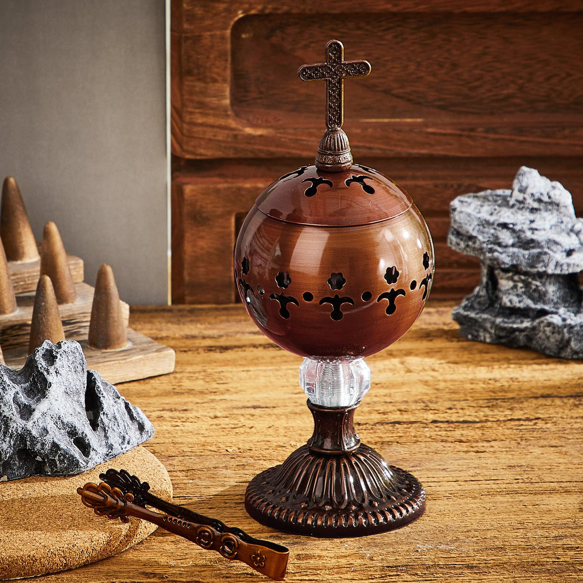 1 Set Incense Burner with Tong (Red Copper / Retro)