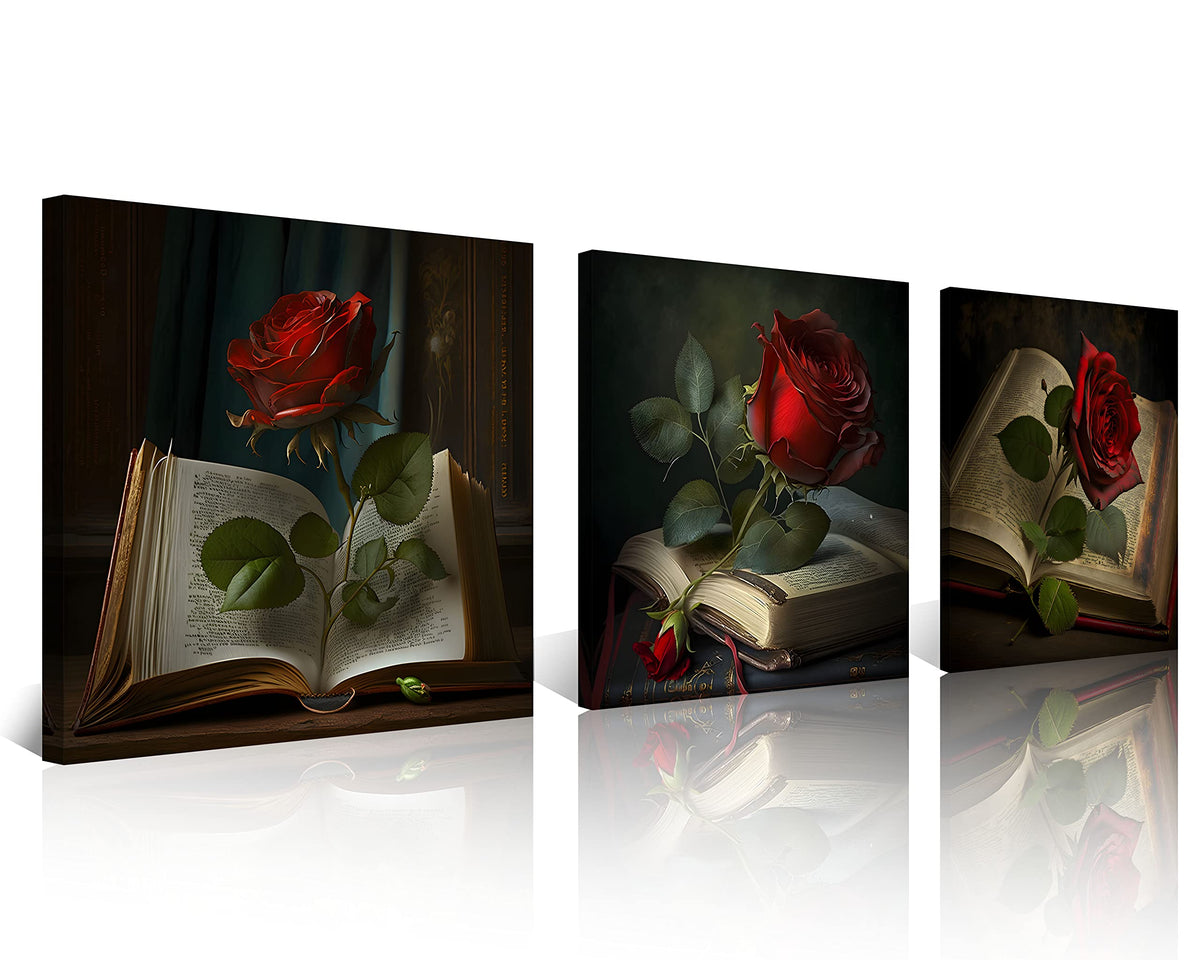 Vintage Red Wall Decor for Living Room Green Leaf Retro Wall Art Red Rose on Books Pictures Bedroom Decor Kitchen Home Decorations 16x16 3 Pcs (16 x 16 inches (3-Piece Set) / Vintage Rose)