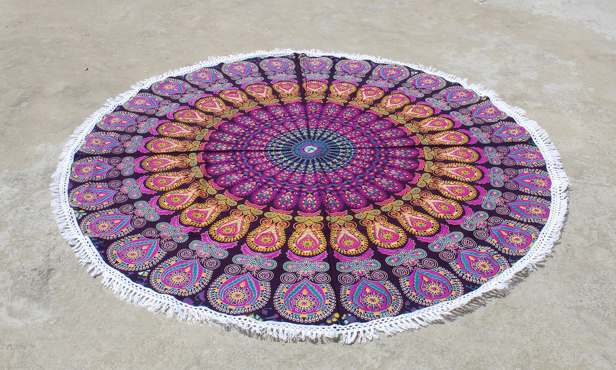 Round Beach Tapestry Turquoise Mandala Throw (3'6" (Round) / Pink and Yellow)