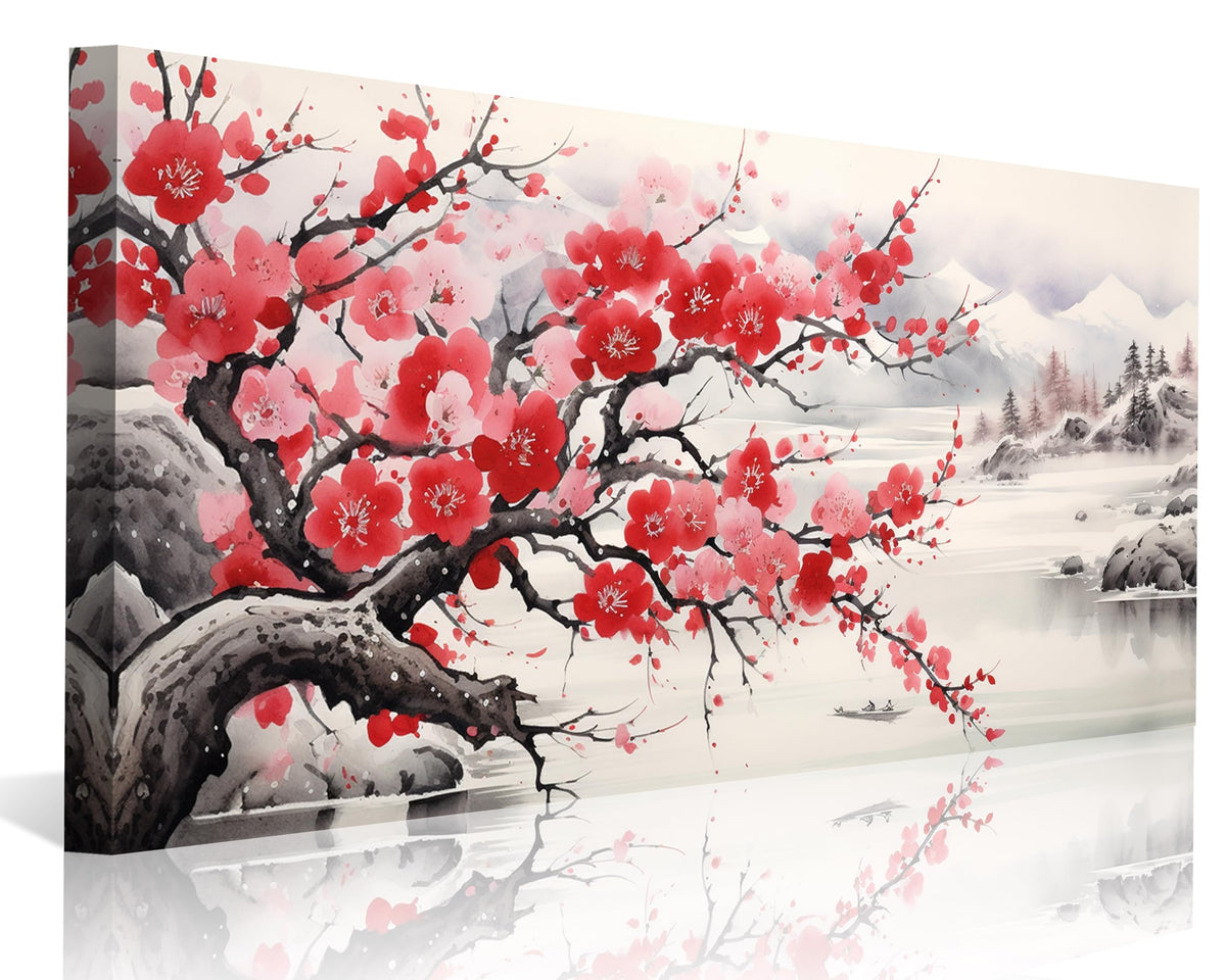 Asian Wall Art Traditional Chinese Painting Oriental Red Plum Blossom Canvas Pictures for Wall Decor Home decor for Living Room Cherry Blossom Decor Landscape Artwork Framed Ready to Hang (Red-One Piece / 24"L x 12"W)