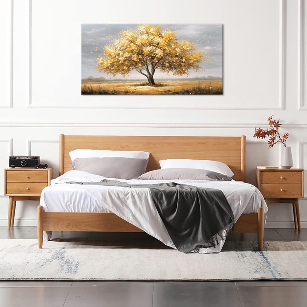 Gold Tree Wall Art for Living Room Office Calming Texture Yellow Gold Tree of life Painting Prints Abstract Canvas Artwork Dining Bedroom Decor Extra Large (Abstract / Gold Tree of Life Wall Art / 58L" x 28W")