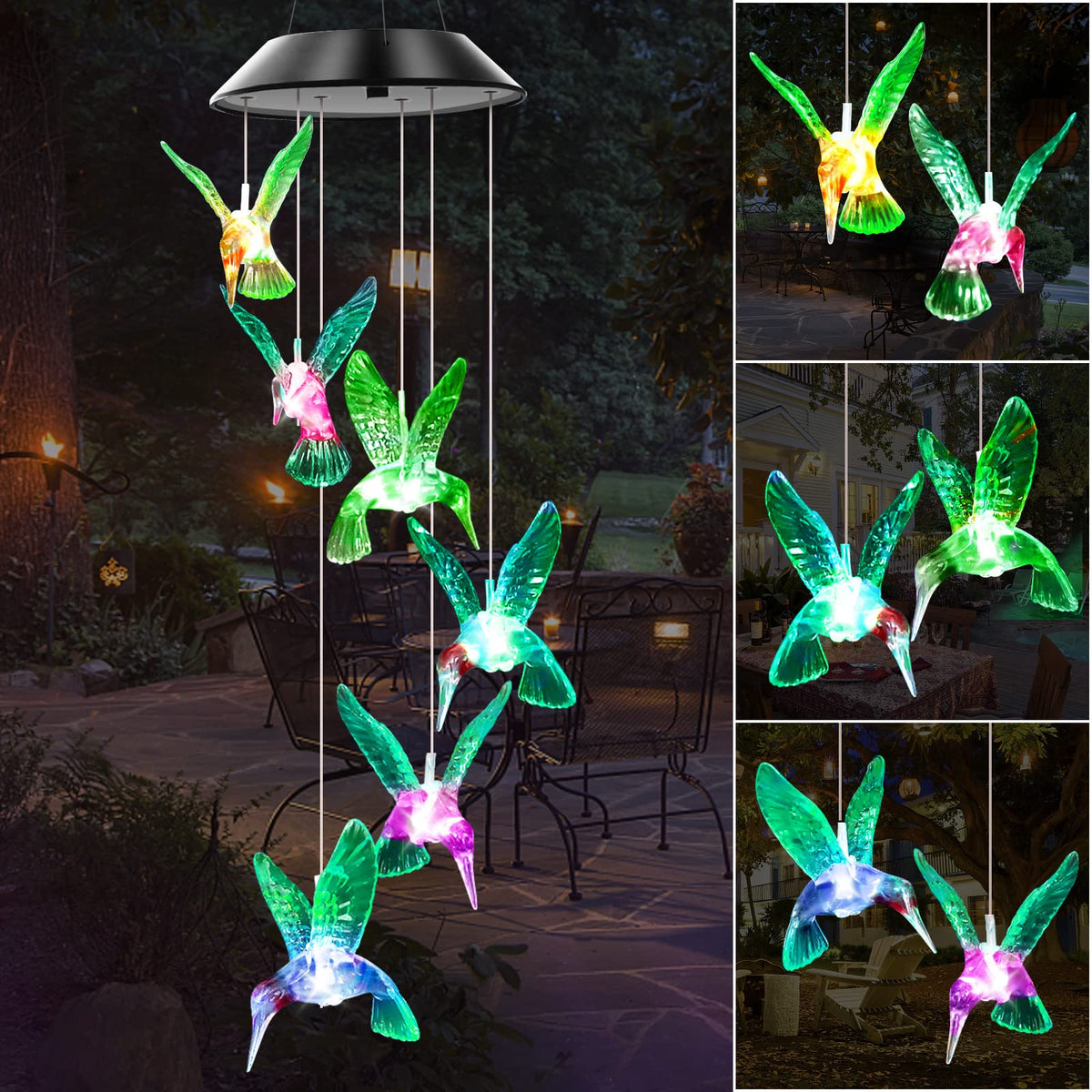 Green Hummingbird Solar Wind Chimes Color Changing Lights Outdoor