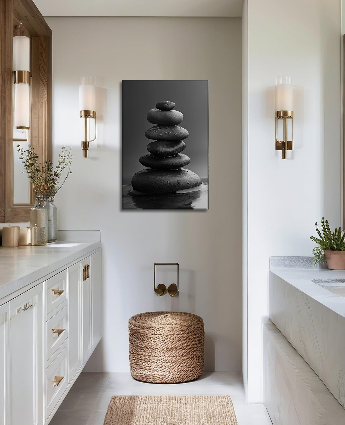 Zen Wall Art Bathroom Decor Black and White Canvas Prints Spa Stones on Water Picture Relax Artwork for Living Room Bedroom Home Office Decor Frmaed (Zen-2 / 24"L x 16"W)