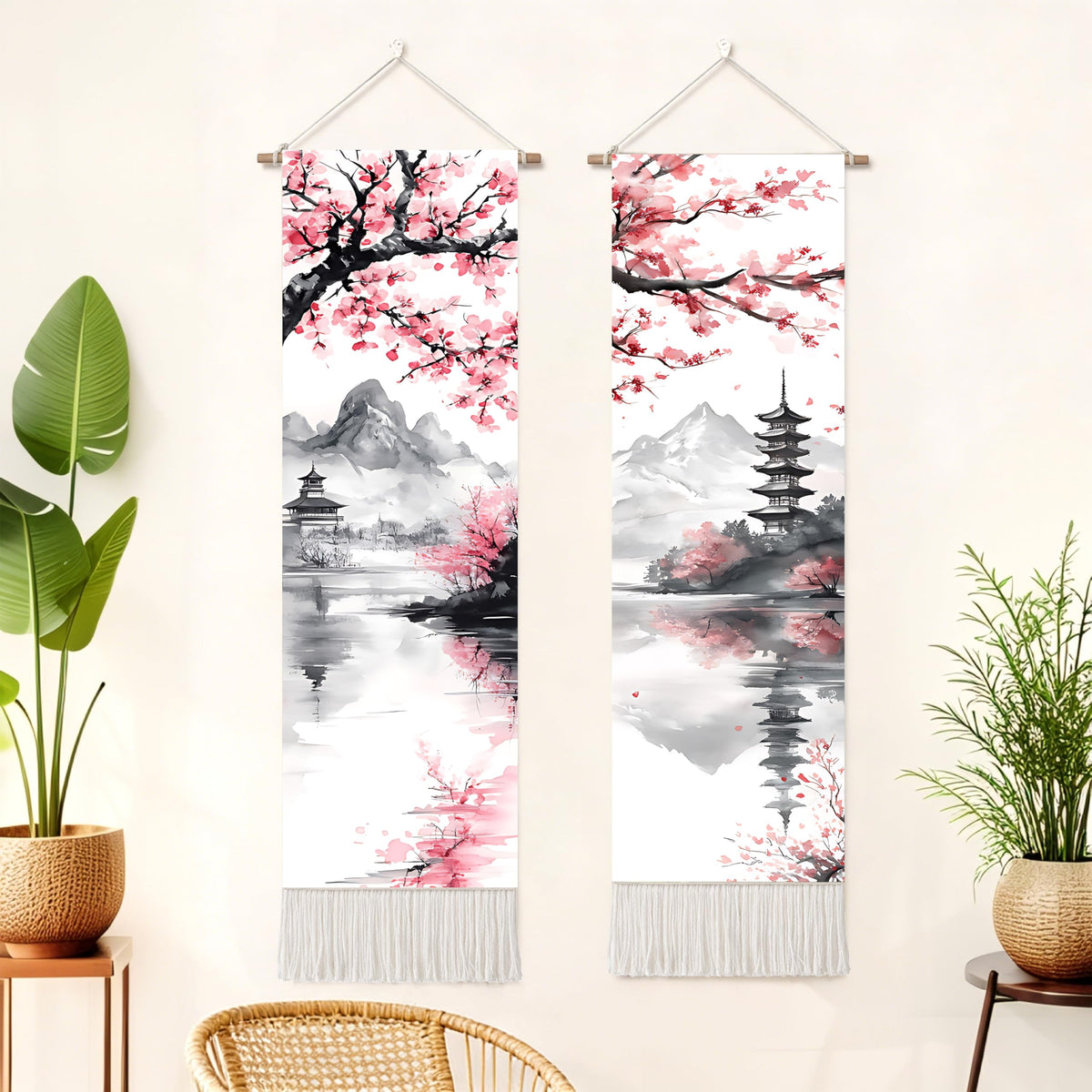 2 Pack Long Vertical Wall Tapestry (Blossom Ink Landscape / 13"Wx51"H)