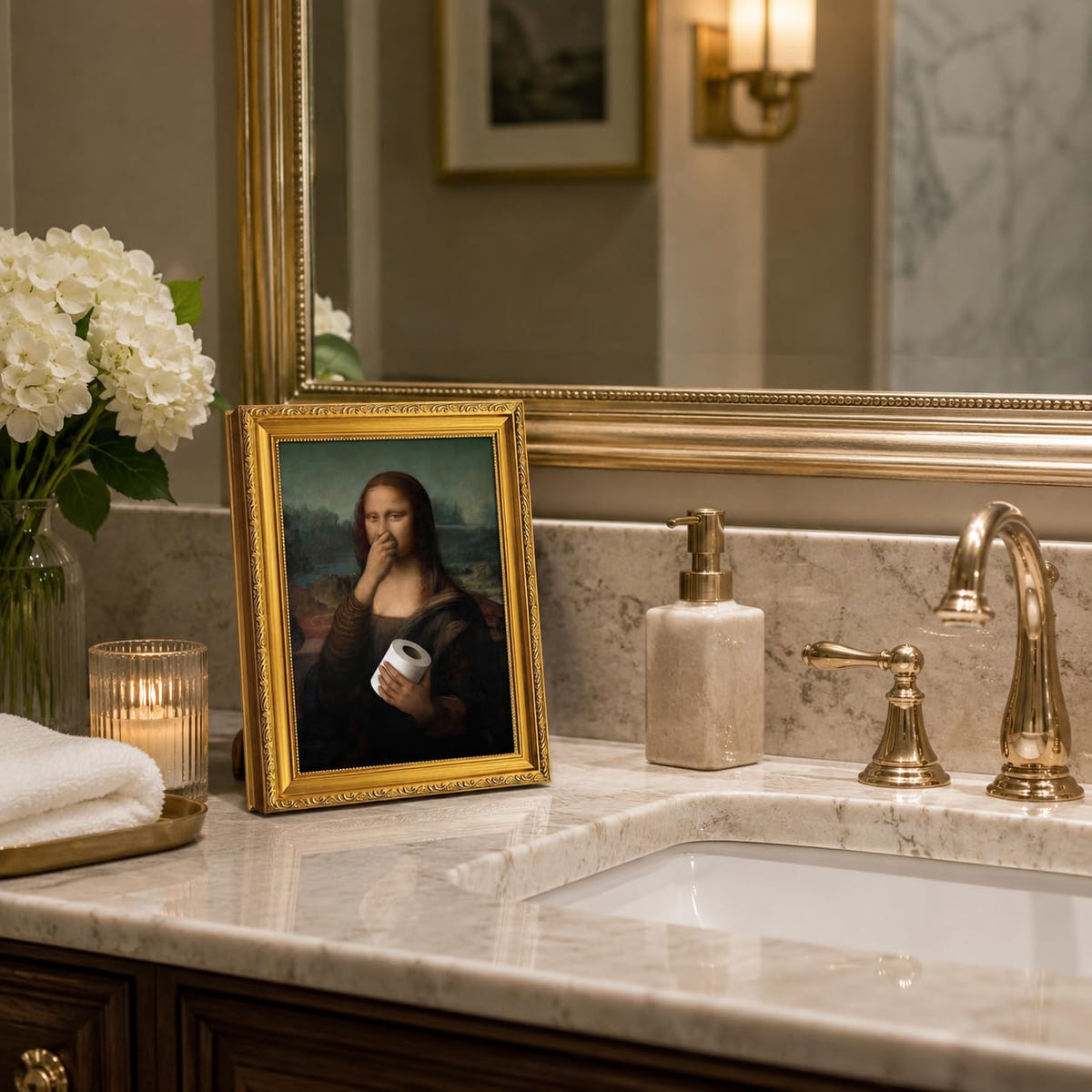 Gold Framed Bathroom Wall Art Mona Lisa Humor Amusing Toilet Art Pinching Nose Wall Decor Funny Vintage Painting Picture Print Whimsical Restroom 9x11 inch Small Framed (Mona Lisa / 11L" x 9W")