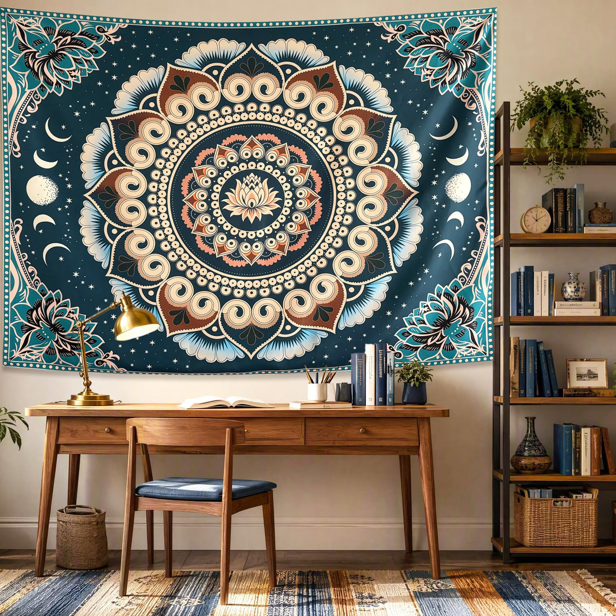 Blue Boho Lotus Mandala Tapestry Wall Hanging for Bedroom 60 x 44 Inch (Blue / 60"L x 44"W)