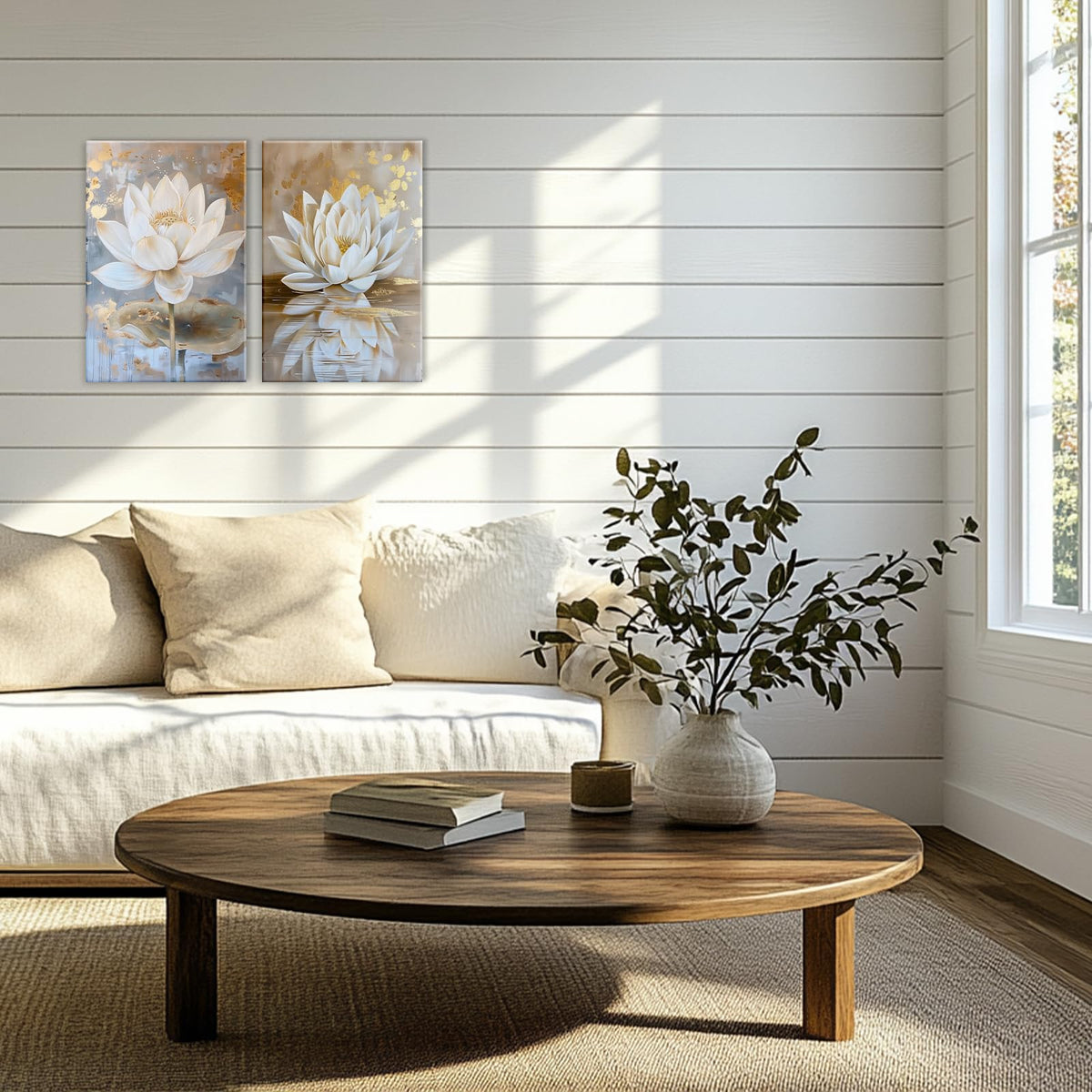 Zen Wall Art 2 Piece White Lotus Blooming Painting Artwork White Gold Lotus Flower Poster Artwork for Bedroom Living Room Bathroom Yoga Spa Room Decor (Artwork-3 / 24"x36"x2pcs)