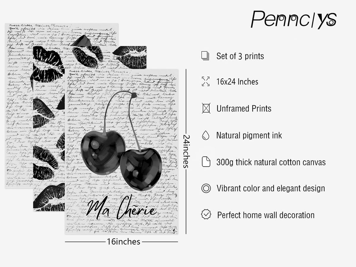 Black White Aesthetic Wall Art Coquette Bow Fashion Canvas Wall Decor Preppy Cherry Posters Vintage Girl Room Decor Bow Pictures Trendy Lips Kiss Prints for Girly Bedroom 16x24 Inch Unframed 3pcs (Black Lips Prints / 16x24 Inch Unframed)