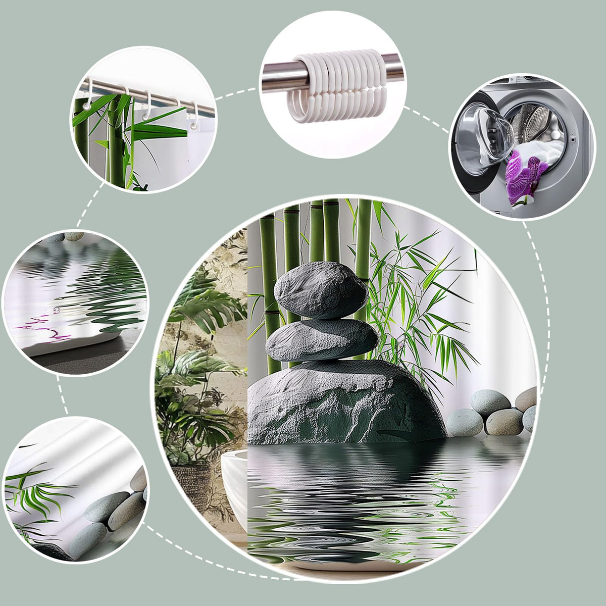 Zen Shower Curtain Green Bamboo Purple Orchid Flower Stone Asian Garden Relax Spring Nature Theme Bath Curtain Fabric Bathroom Accessories Decor with Hooks 80W x70L (Green / 70.00"LX80.00"W)