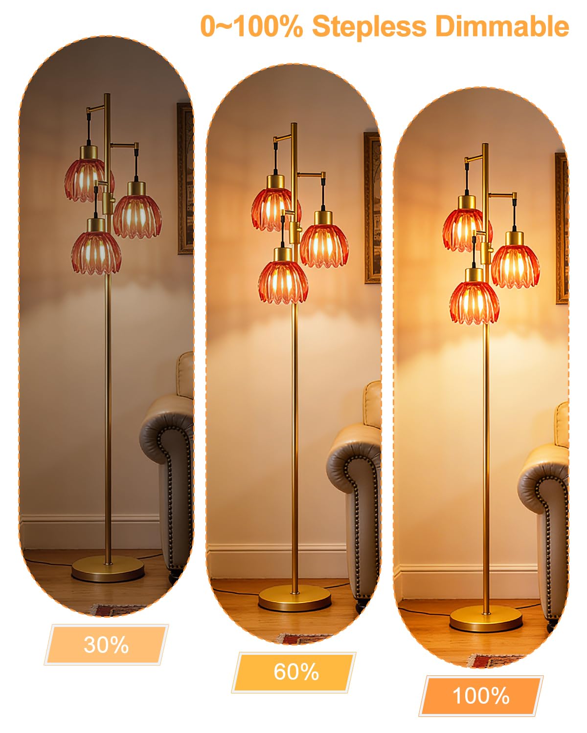 Glass Floor Lamp Red Lotus Flower Shade Dimmable Gold Floor Lamp (3 Deep Red Lotus-Gold)