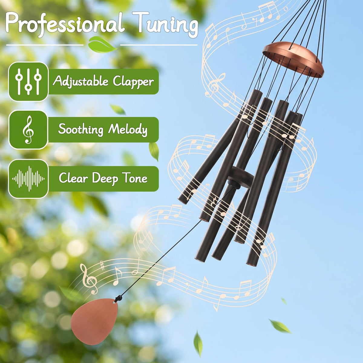 37" Large Aluminium Wind Chimes for Outside Deep Tone Black (Black)