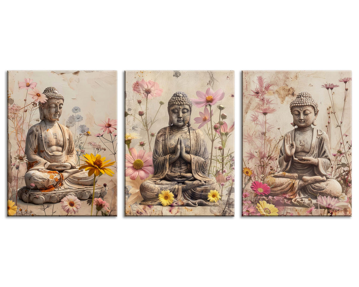 3Pcs Buddha Statue Daisy Floral Accents Canvas Art Floral Buddha Zen Meditation Decor Spiritual Wall Art for Home Ready to Hang Spiritual Zen Decor Peaceful Meditation Art for Living Room (12"L x 16"W / Buddha&Daisy)