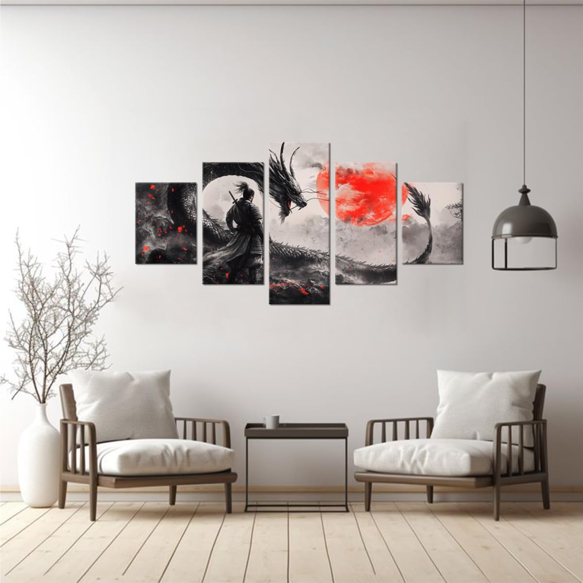 Japaneses Samurai Bedroom Wall Art Dragon Pictures Wall Decor Black and White Asian Warrior Artwork Red Sun Canvas Prints for Bathroom Office Living Room Bushido Poster Framed 5 Pieces 60''W x 40''H (60"Wx40"H / Samurai 5P-22)