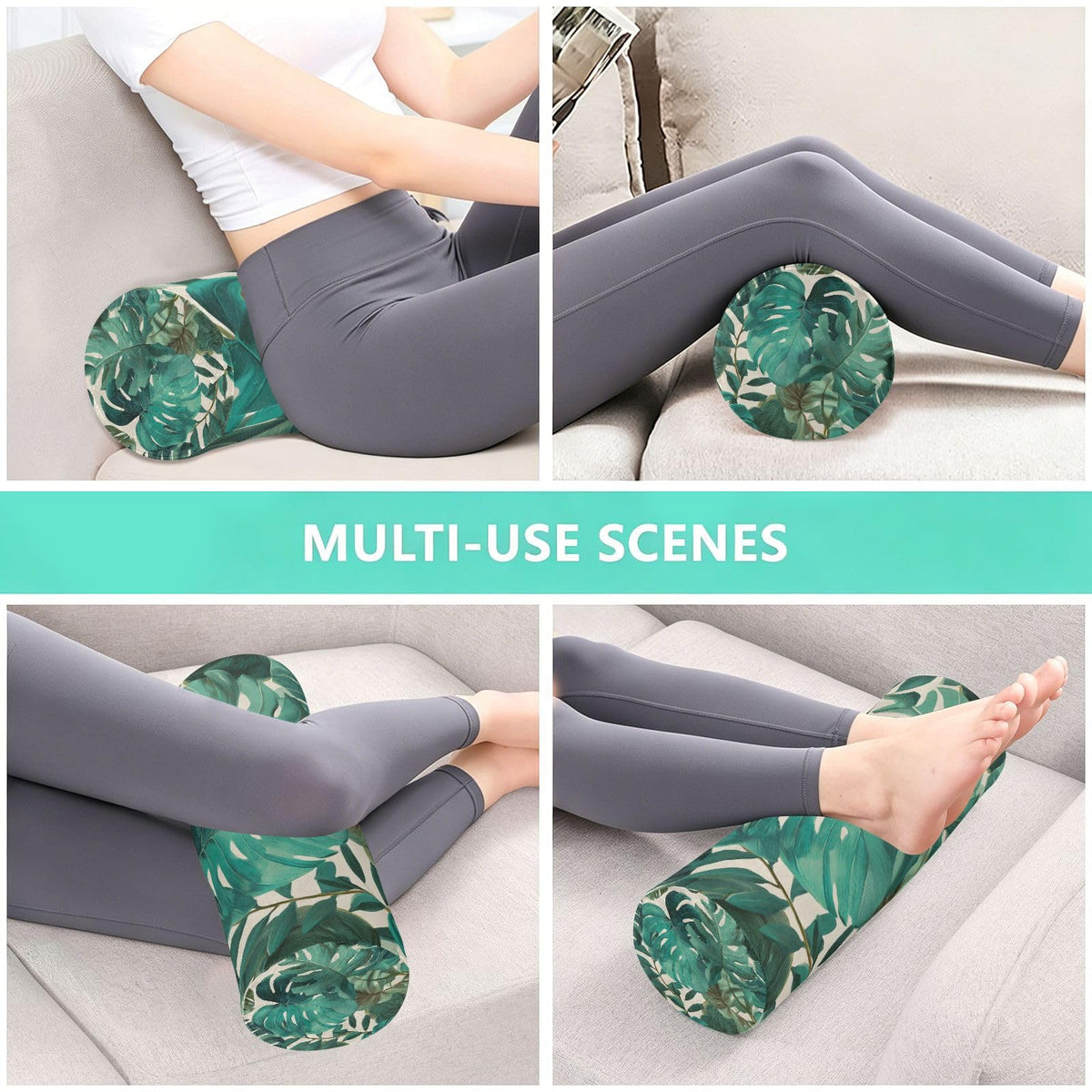 Neck Roll Pillow Bolster Pillows Round Health Memory Foam Long Cervical Cylinder Bolsters Body Removable Washable Cover Bed Legs Back Yoga Palm Leaves Tropical Green (Palm 25)
