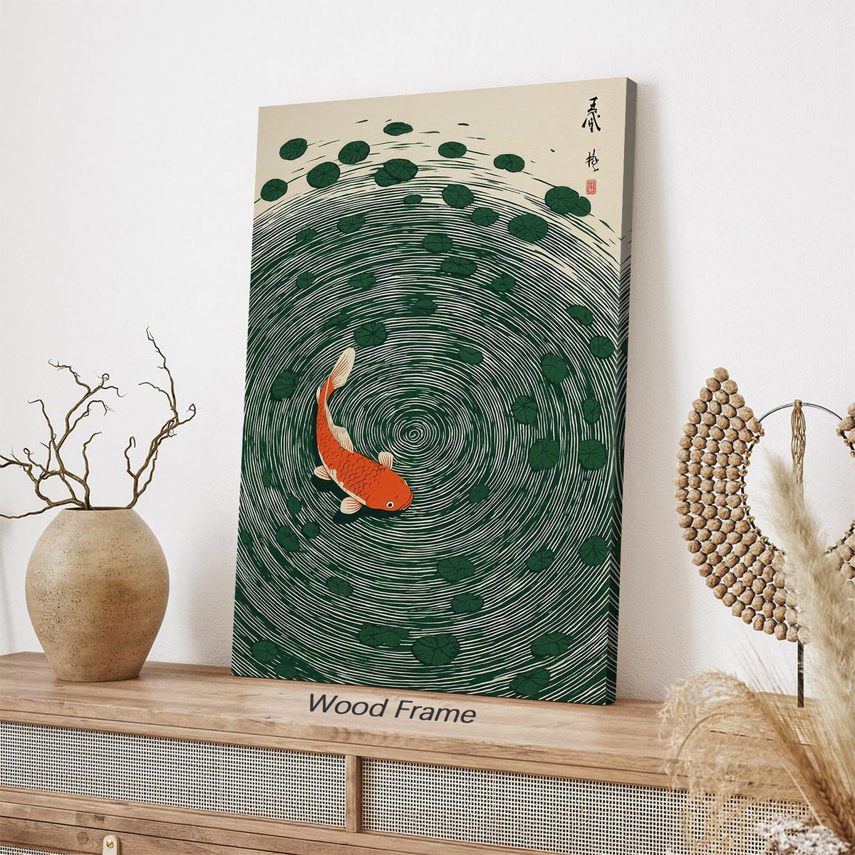 Japanese Koi Fish Framed Poster Oriental Asian Lucky Carp Canvas Wall Art 16x24 inch Retro Japan Room Aesthetic Print Minimal Green Painting for Zen Water Living Room Office Decor Ready to hang (Wrapped Canvas / Japanese Koi Fish / 24"L x 16"W)