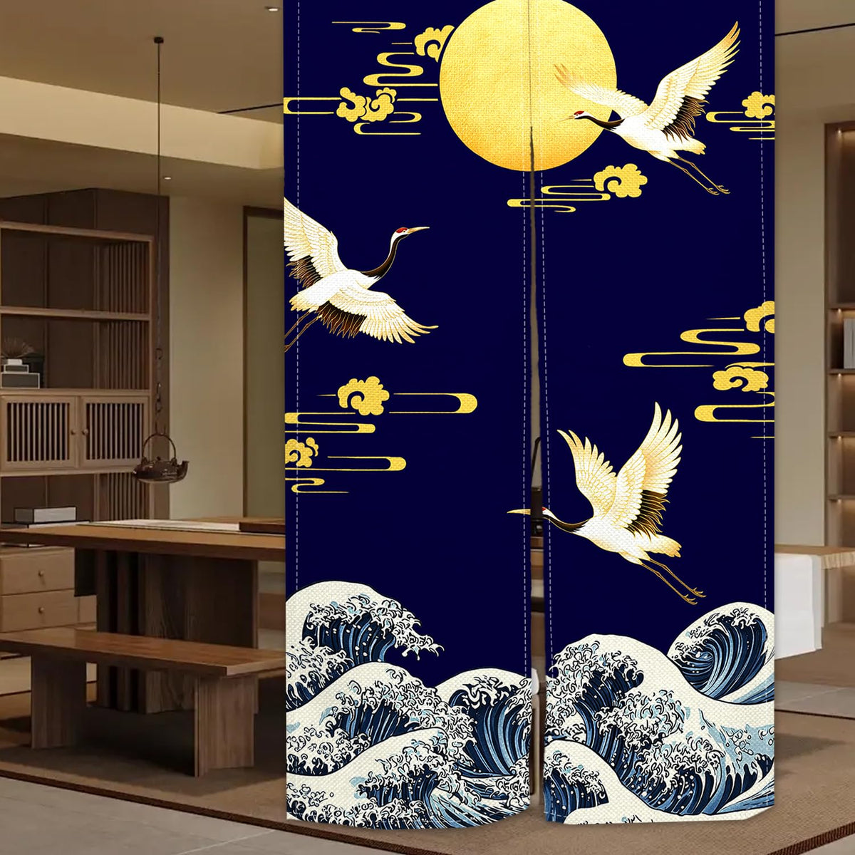 Japanese Noren Doorway Curtain (Navy Crane Moon Wave)