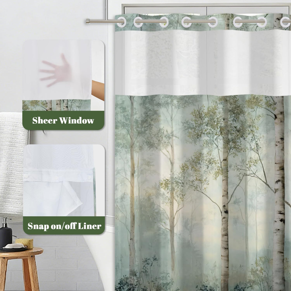 Birch Tree Woodland Shower Curtain with Snap in Liner (Birch Trees)