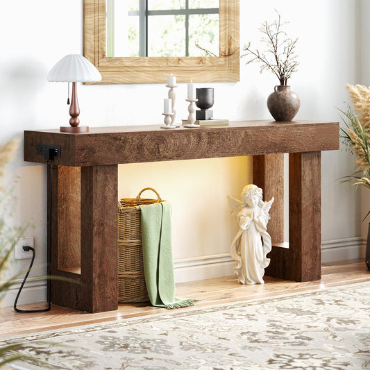 63" Console Table with Sensor Light & AC Outlets with USB (Rustic Oak / 63IN)