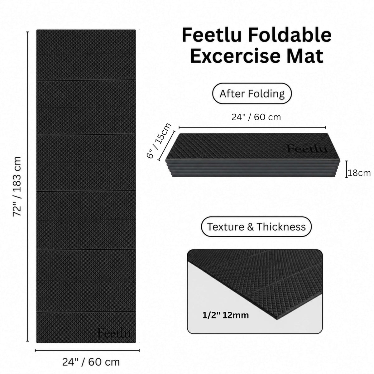 Original Foldable Yoga Mat (Jet Black / 24" x 72" x 1/2")