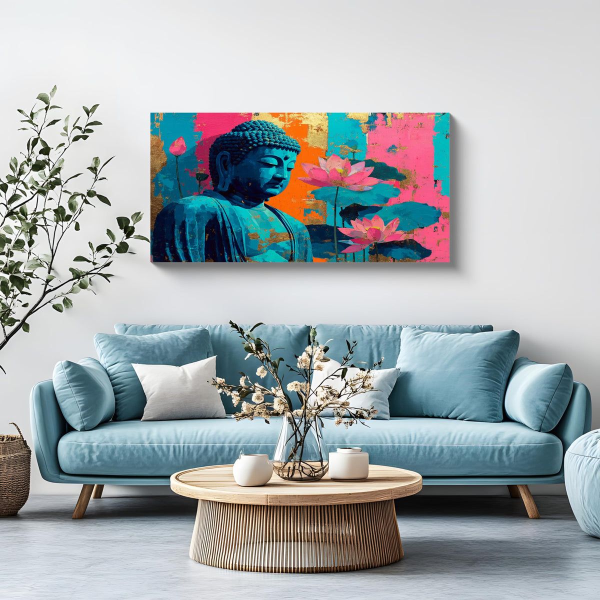 1Pcs Colorful Buddha Lotus Flower Wall Art Canvas Print with Gold Foil Vibrant Zen Meditation Decor Modern Asian Spiritual Artwork for Living Room Bedroom Yoga Studio (32"L x 16"W / 1PCS-Blue Buddha)