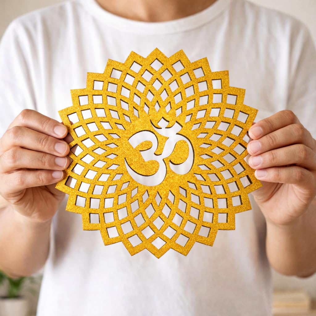 20x20 cm Golden Om Round Decorative Wall Art Mdf Wooden Om Chakra For Temple (GEOMETRY OM-Gold / 8"L x 8"W)