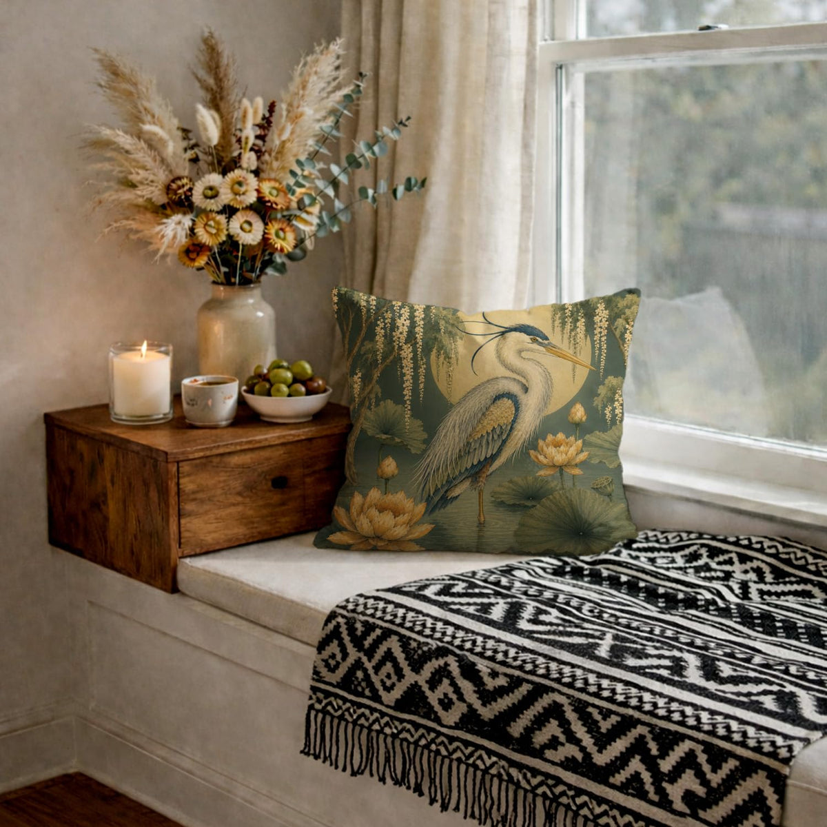 Vintage Great Blue Heron Pillow Cover 18x18 (White-blue Heron Bird 21)