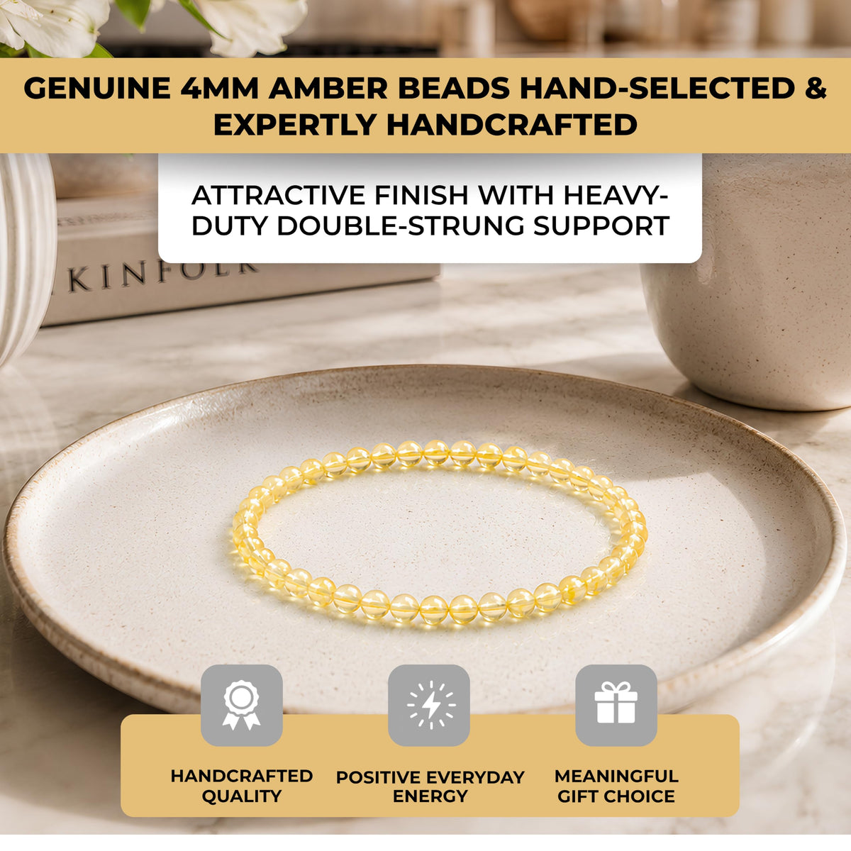 Amber Bracelet 4mm Beaded Bracelet (Amber / Medium)