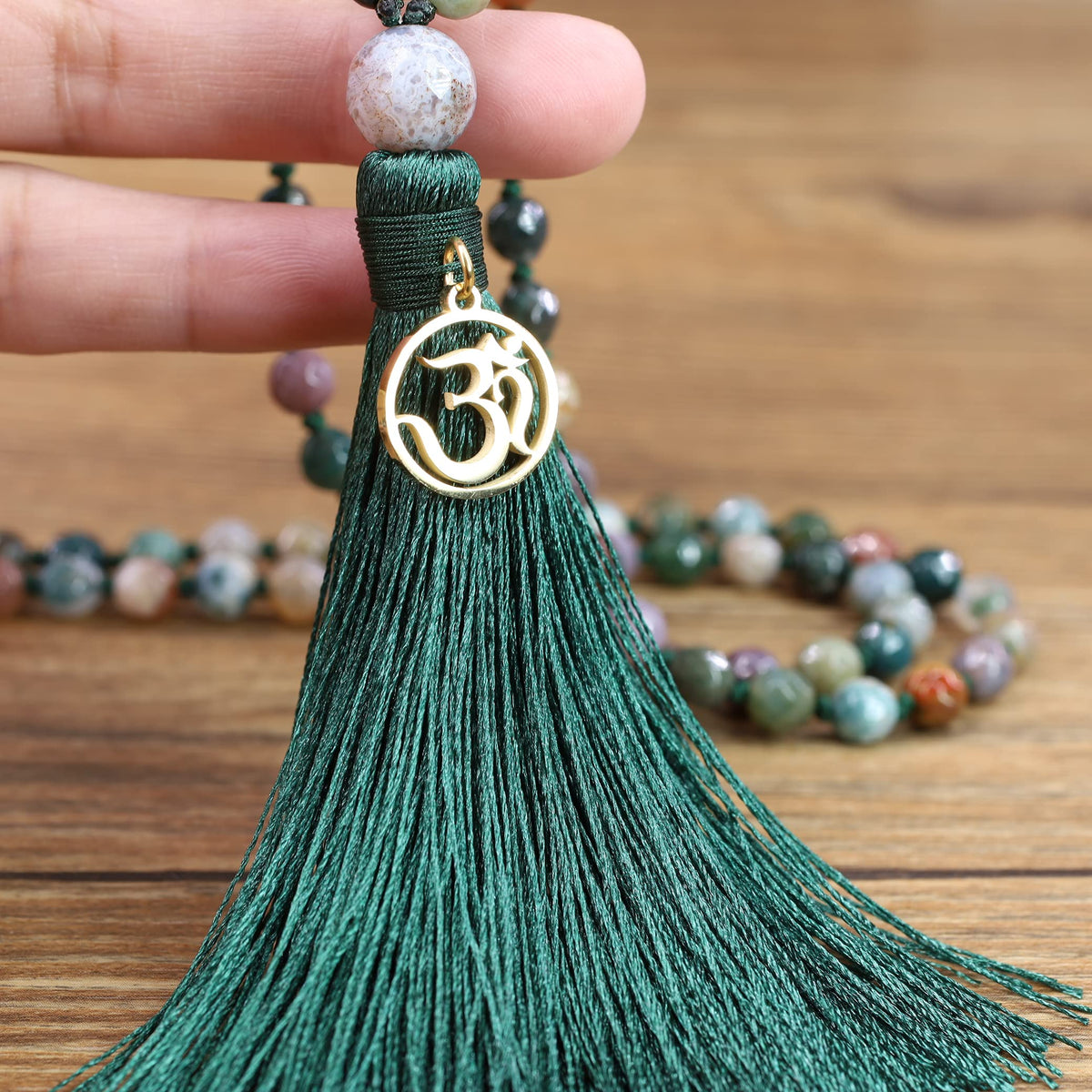 OM Charm Hand Knotted Tassel India Agate 108 Mala Beads Necklace 8mm (8mm / Faceted India Agate)
