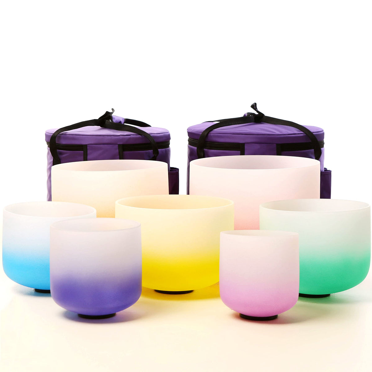 Chakra Tuned 432hz Set of 7 Gradient Color Quartz Crystal Singing Bowls 6 (Set of 7, 6-12 inches / Gradient 7 Color)