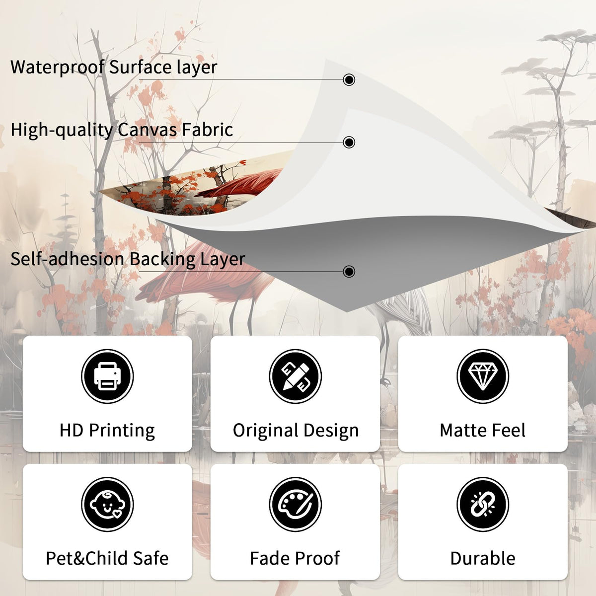 Peel and Stick Wall Mural Wallpaper Crane 114"×82" Decor G12 (G12 / 114" x 82")