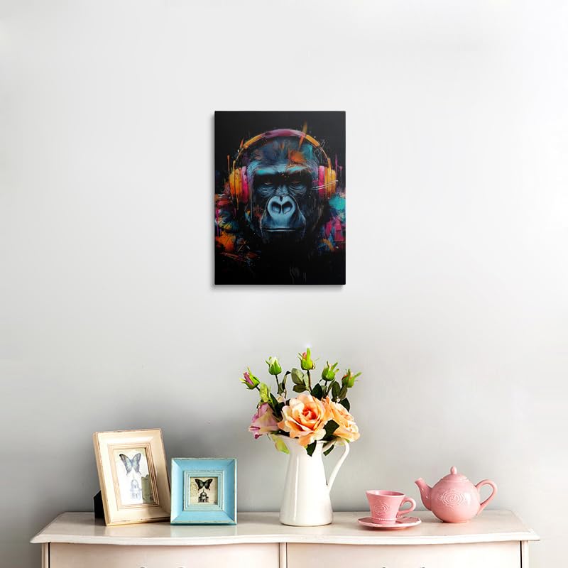 Graffiti Gorilla with Headphones Canvas Wall Art Framed Painting Print Poster Urban Pop Art Neon Pink Orange Blue Teal Splash Music Theme Wall Decor Artwork for Game Room Men Teens 12x16 Inches (gorilla / 16"L x 12"W)