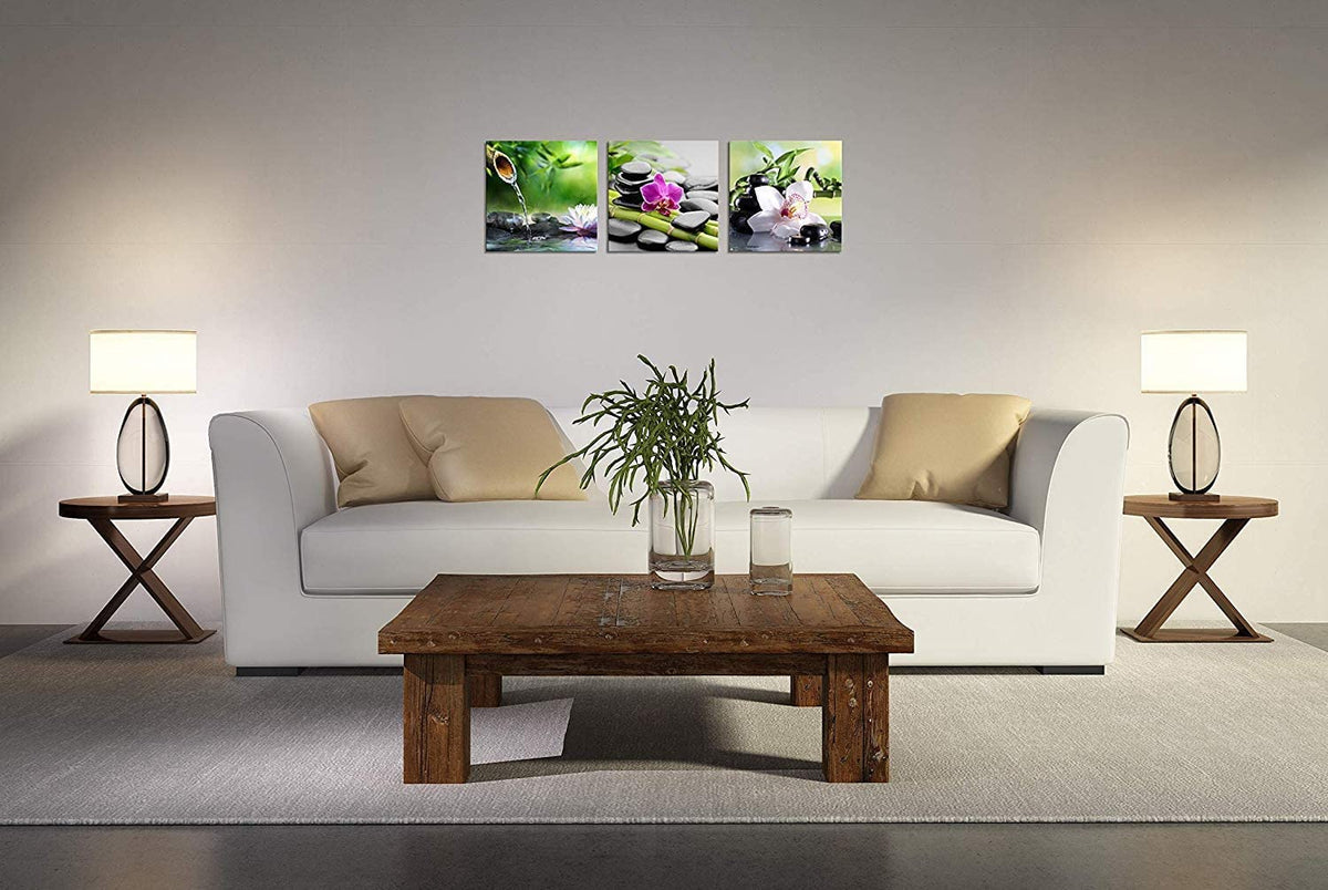 Zen Art 3 Panels Spa Decor Green Bamboo Decor Pink Flowers Picture Canvas Painting Print on Canvas for Home Decor Spa Decor for Bathroom Zen Decor Stretched and Framed Each Panel 20x20inch (20x20inchx3 / Spa Stone with Flowers)