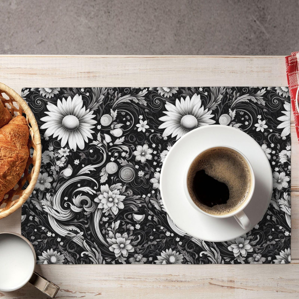 Black and White Flower Sketch Place Mat Set of 6 Pieces Heat (6PCS / Black and White Flower)