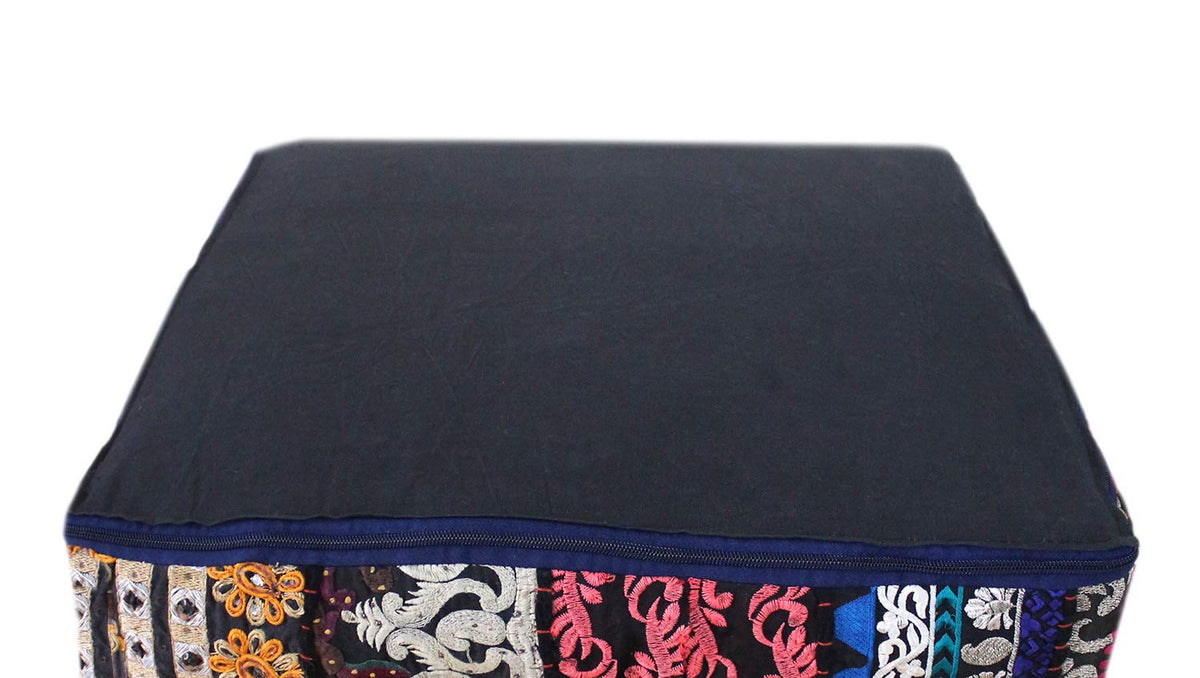 Indian Square Patchwork Traditional Pouf Cover Indian Living Room Poufs Decorative Embroidered Designer Ottoman Home Living Footstool Chair Cover Decor Pillow Cover 16x16x5 inches (16"D x 16"W x 5"H / Black)