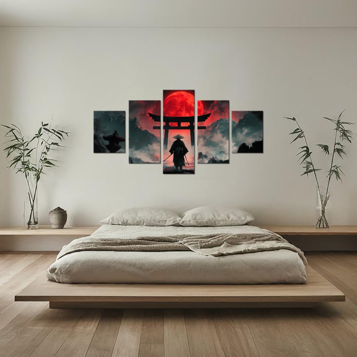 Japan Wall Art Samurai Canvas Artwork Asian Style Pictures Japanese Bushido Posters Prints Paintings Full Moon Ninja Wall Decor for Living Room Bedroom Home Decoration Framed 5 Pcs 60''W x 40''H (60"Wx40"H / Samurai 5P-15)