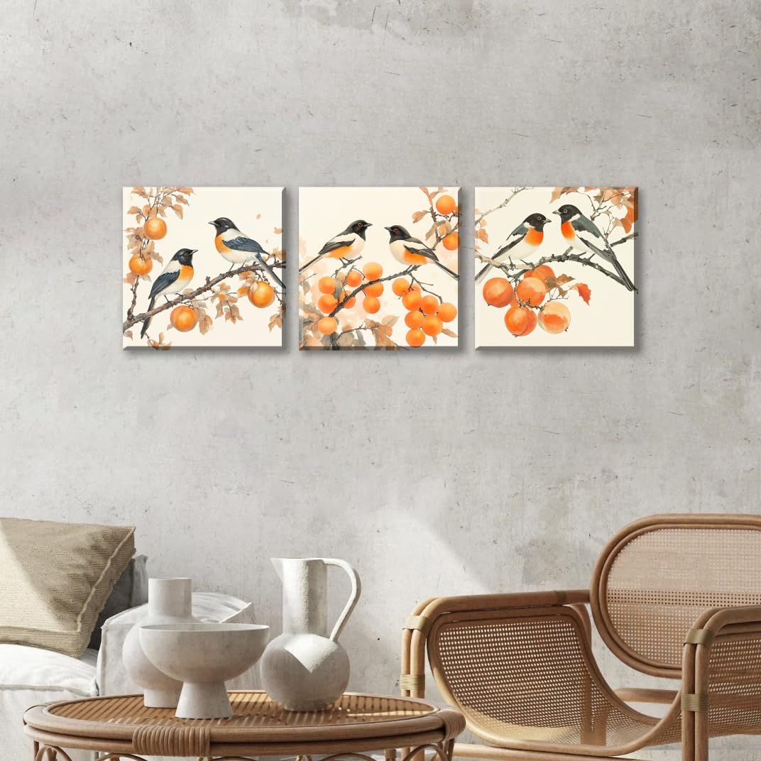 3PCS Vintage Style Watercolor Birds Orange Fruits Canvas Wall Art Botanical Autum Natural Scene Artwork for Living Room Bedroom Office Calming Wildlife and Fruit Branch Framed Canvas Prints (Birds Orange Fruits / 12x12 inches (3 pieces))